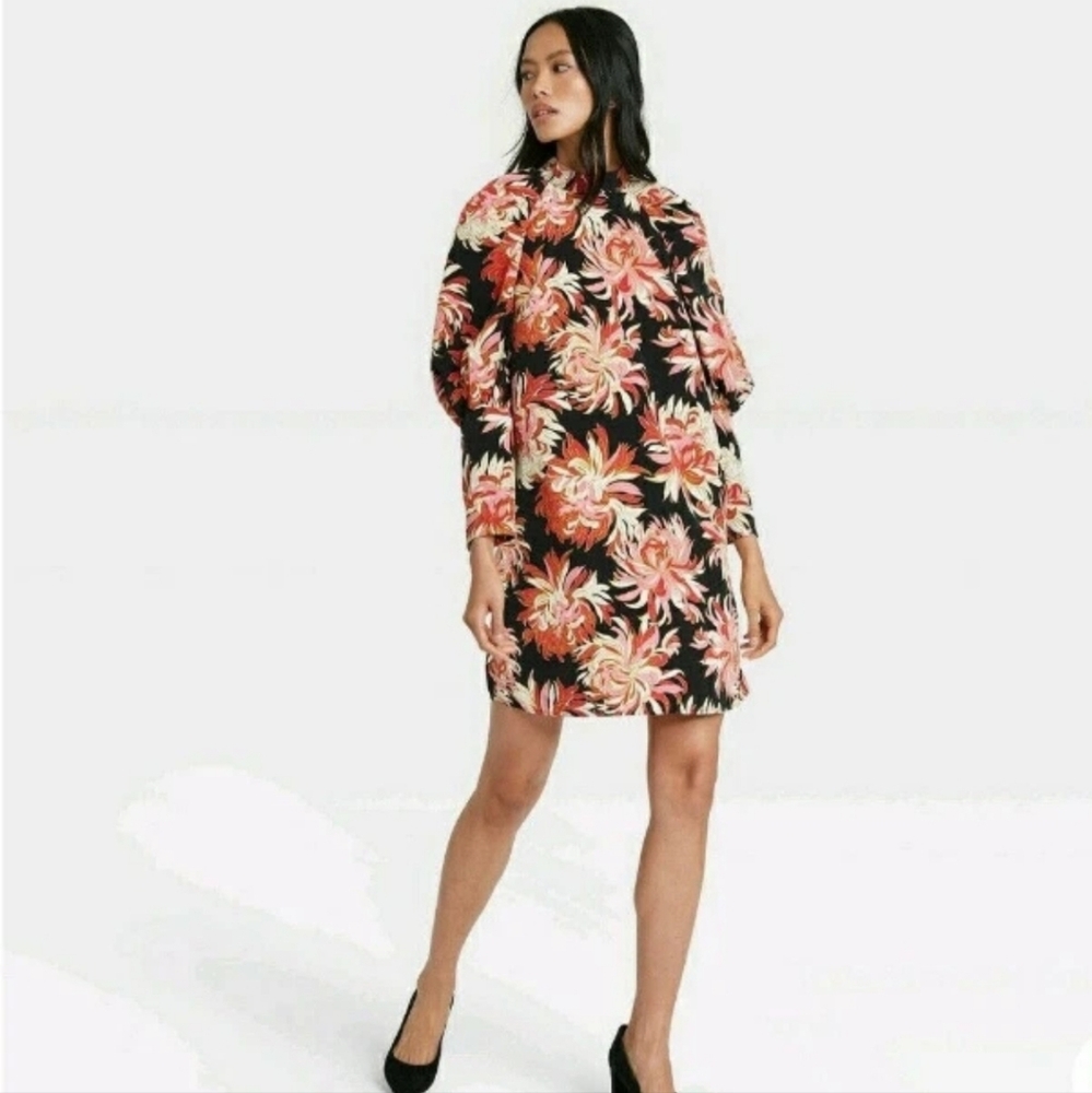 Women's Floral Print Puff Long Sleeve Mini Dress Small